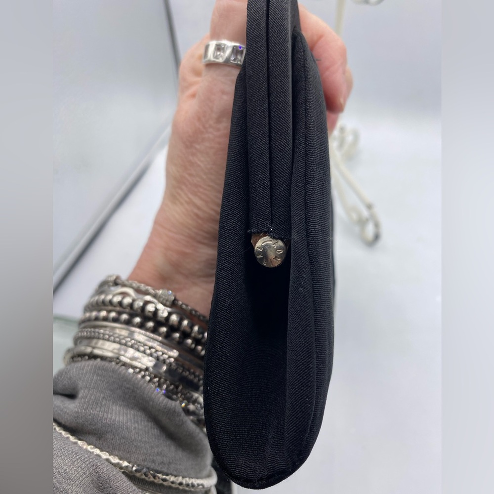 Vintage Elegant Black Fabric Clutch With Silver Tone Chain With Jeweled Clasp - Picture 9 of 12